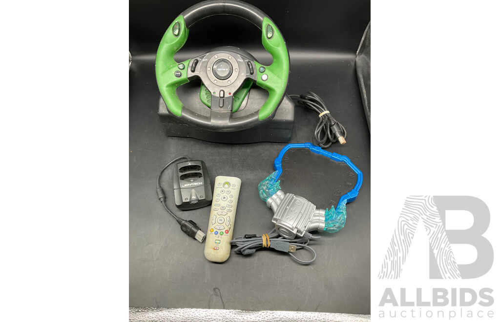 Assortment Xbox Controllers Including Xbox Steering Wheel, Skylanders Xbox Portal, Joytech Original Xbox Receiver, Xbox Remote Control and Wired and Wireless Controllers (x12)