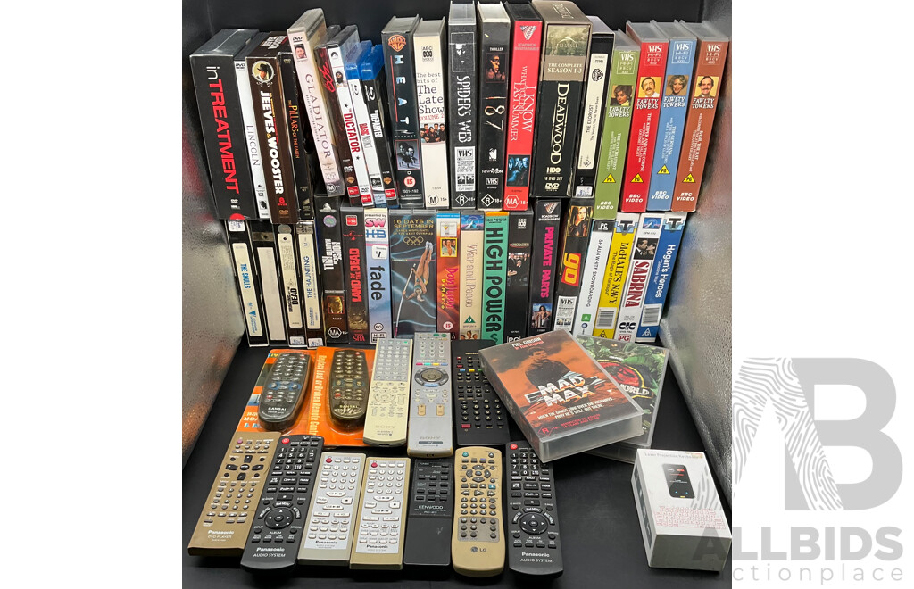 Collection Approx 29 VHS Tapes and 16 DVDs, Assorted Remote Controls