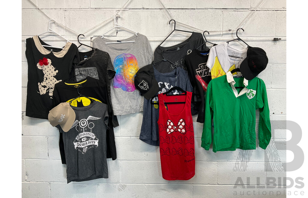 Assorted Disney Clothing Size S (1x Size Mens XXL, 1x Size Kids 12), Including Micky, Star Wars, Batman, Dumbo and More - Lot of 14