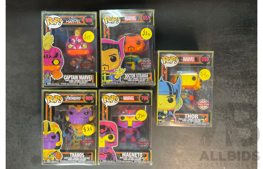 Collection of 5 Funko Pops From Marvel and Marvel Studios, Black Light Special Edition