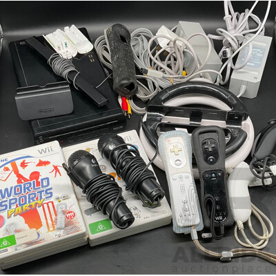 NINTENDO Wii Consoles (WUP-101(04) 32GB, Games (x5), Controllers (x3), Cables and Assorted Accessories