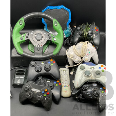 Assortment Xbox Controllers Including Xbox Steering Wheel, Skylanders Xbox Portal, Joytech Original Xbox Receiver, Xbox Remote Control and Wired and Wireless Controllers (x12)