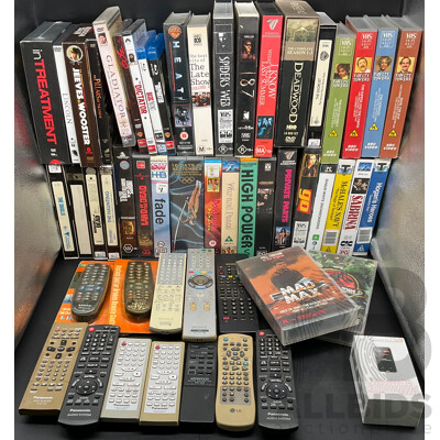 Collection Approx 29 VHS Tapes and 16 DVDs, Assorted Remote Controls