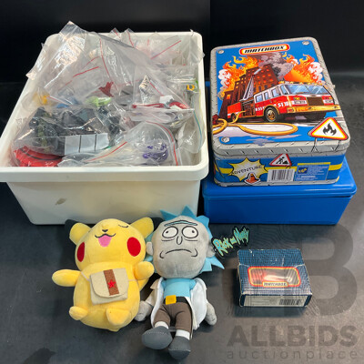 Assorted Action Figure Parts /Accessories & 2 Model Car Storage Box & More