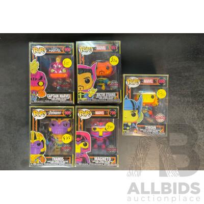 Collection of 5 Funko Pops From Marvel and Marvel Studios, Black Light Special Edition