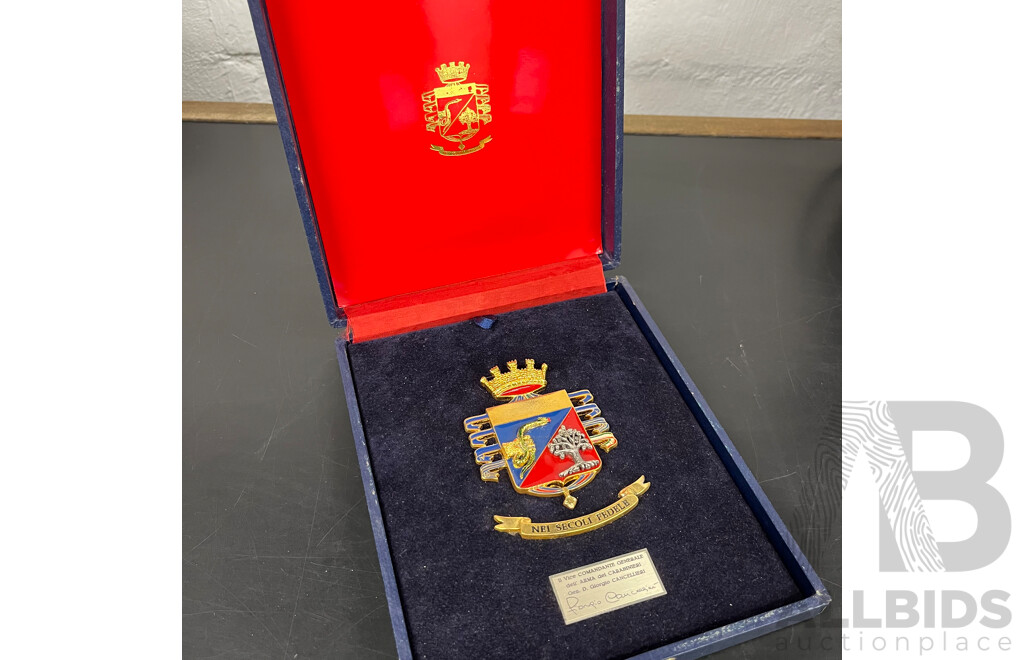 Royal Canadian Mounted Police Cap Badges 1901-1954 and Italian Police Presentation Plaque