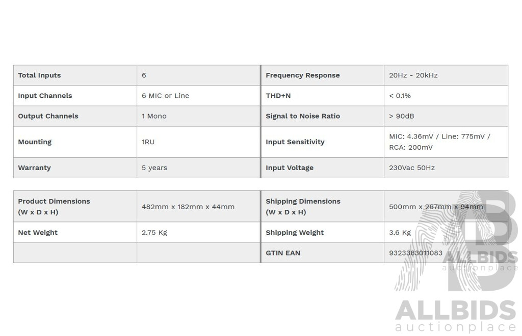 Australian Monitor (MX61) 6 Channel Mono Mixer