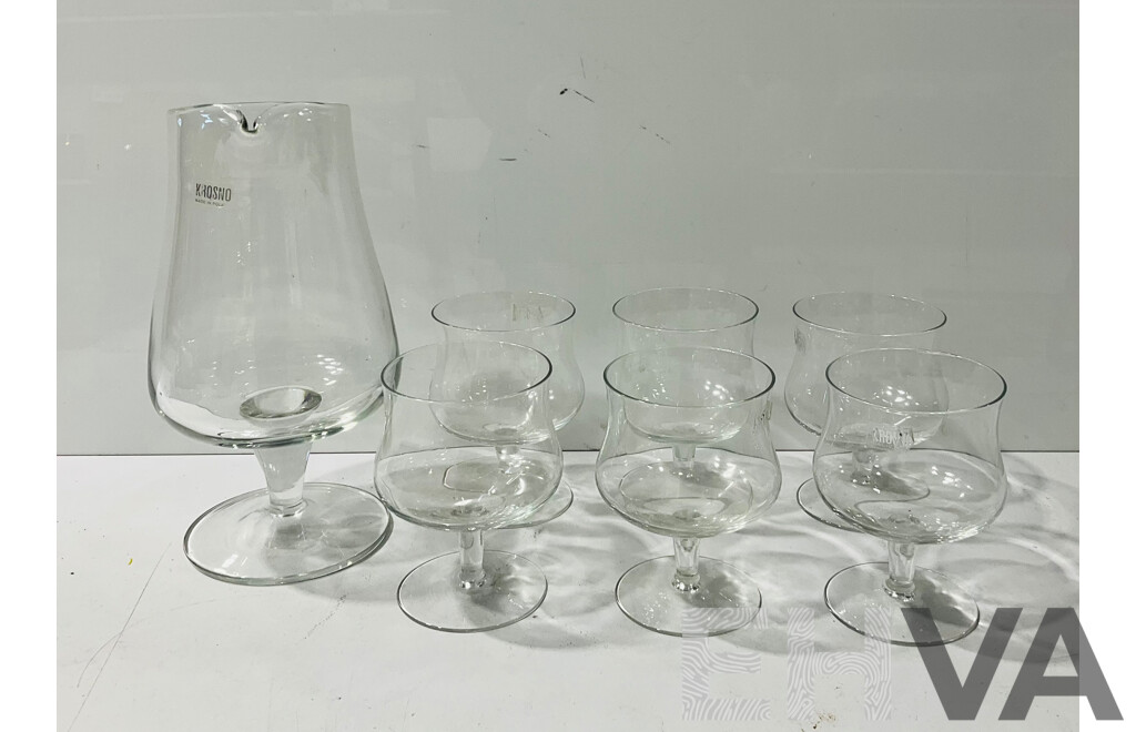 Retro Polish Krosno Pitcher with Set Sx Matching Goblets