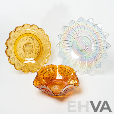 Collection Three Vintage Carnival Glass Plates Including Clear Iridescent Example and More