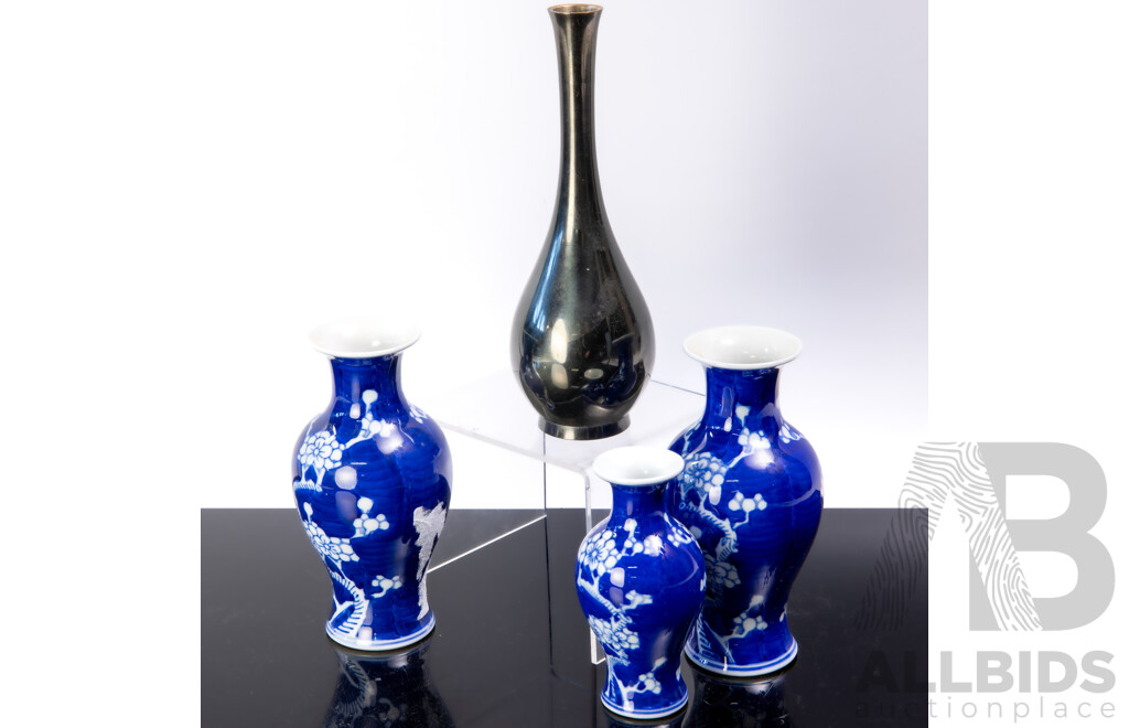 Collection Three Chinese Blue and White Porcelain Vases Along with Japanese Bronze Bud Vase