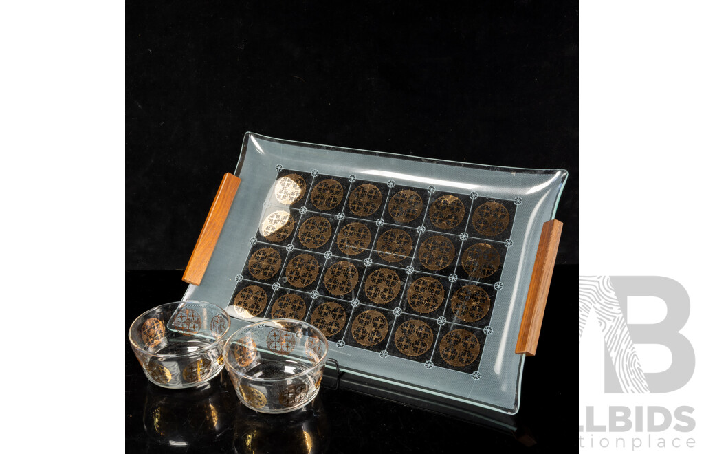 Mid Century Glass Serving Tray Along with Two Matching Glass Dishes