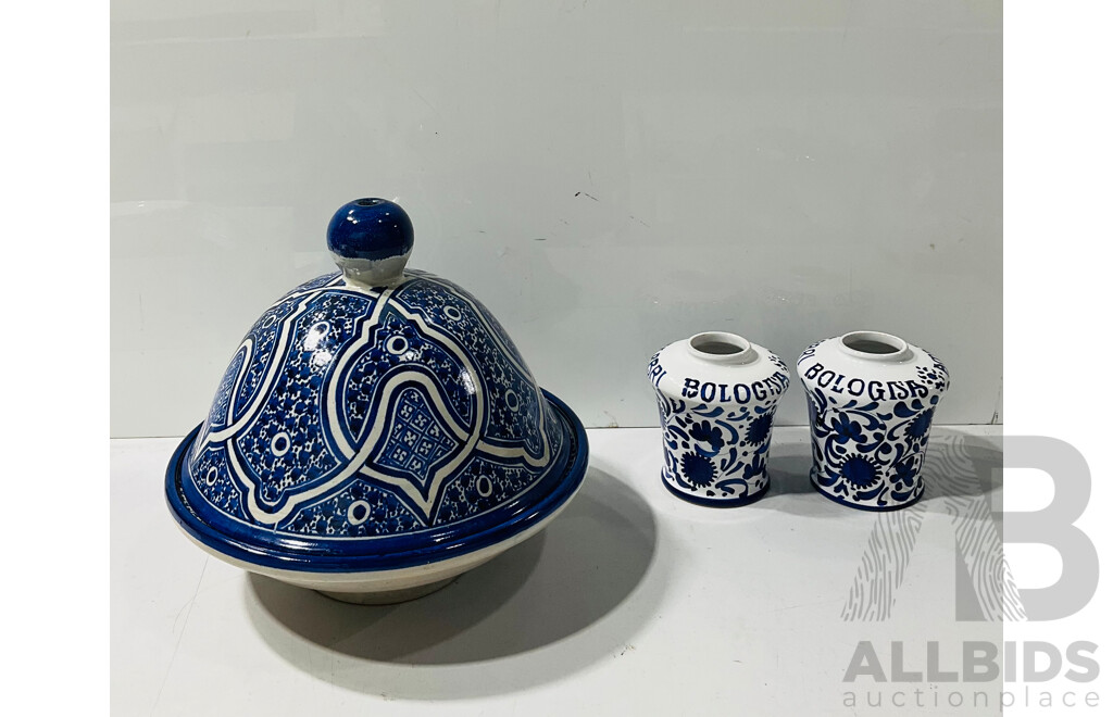 Blue and White Ceramic Tagine and Pair of Painted Ceramic Jars