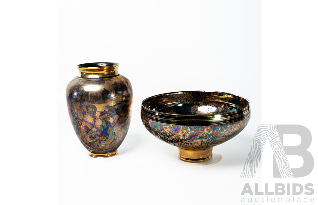 Two Australian Local Studio Pottery Pieces with Iridescent Glaze by Andrew Gibson, Born 1962