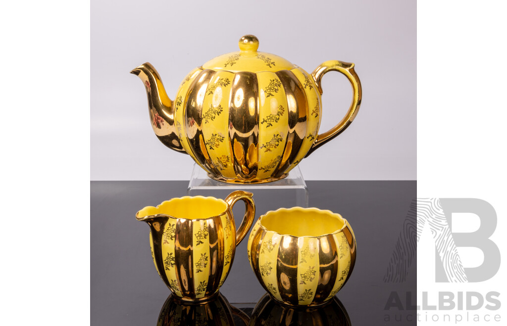 Three Piece Vintage English Gibsons Staffordshire Porcelain Tea Set with Gold Detail