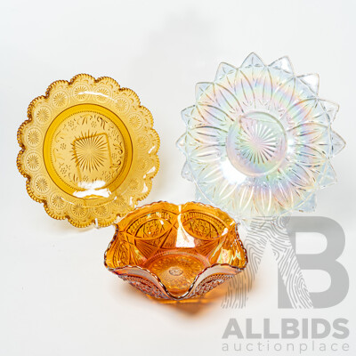 Collection Three Vintage Carnival Glass Plates Including Clear Iridescent Example and More