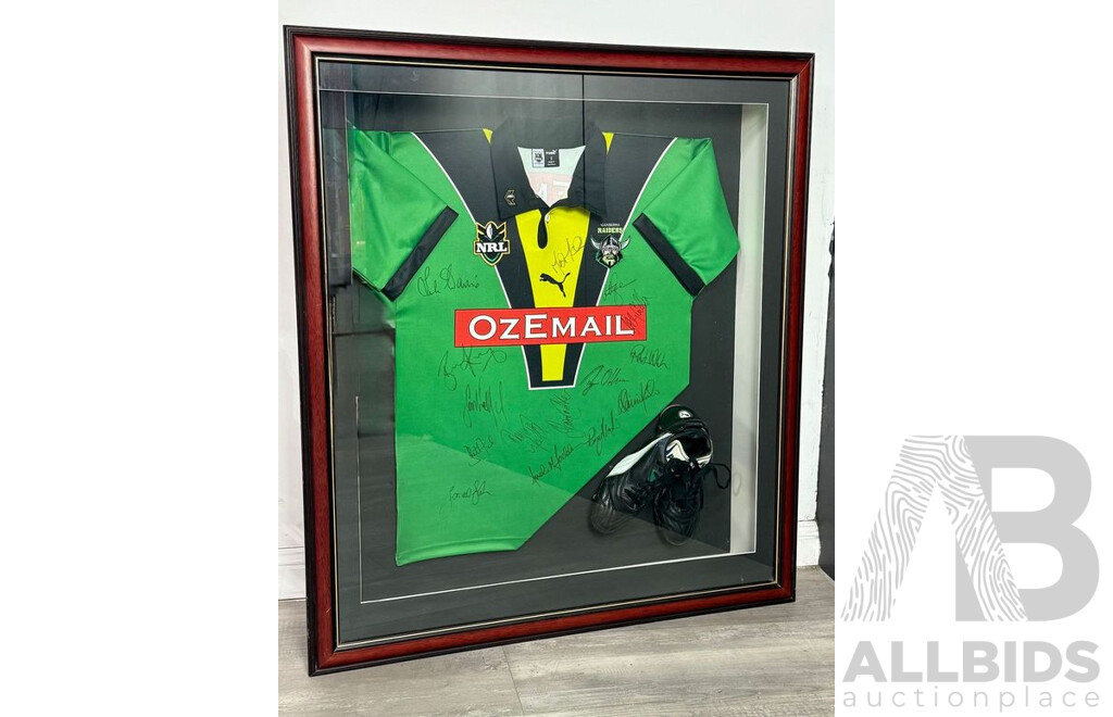 Canberra Raiders 2000s Era Signed Framed Jersey and Boots