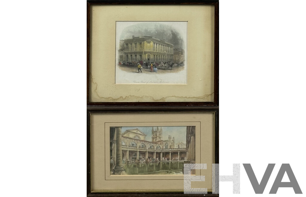 Arthur Willmore, (19th C., American, 1814-1888), Union Bank of Australia, Melbourne, Hand Coloured Engraving (c1860), 24.5 x 29.5 cm (frame) & Bath, Avon Print, 18 X 24 Cm (frame) (2)