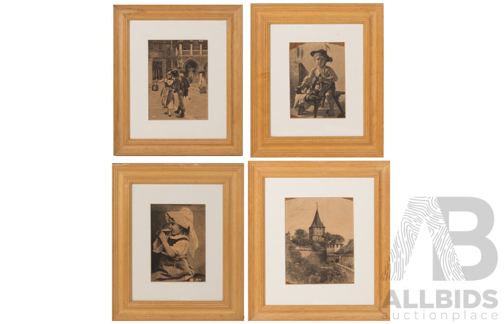 Artists Unknown (Likely Late 19c) Tiergärtnertor Tower, Nuremberg, Little Boy & Fruit, Young Girl Drinking & Lovers Pail, Collection of Four Antique Steel Cut Engraving Prints, 34.5 x 30.5 cm (largest Frame) (4)