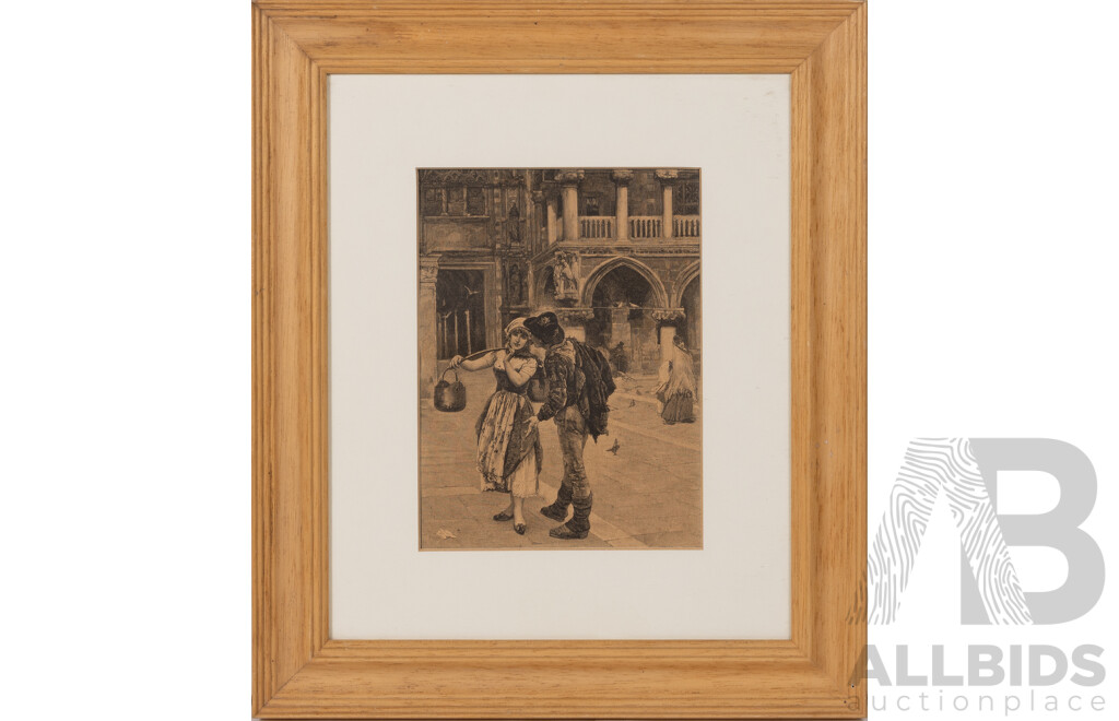 Artists Unknown (Likely Late 19c) Tiergärtnertor Tower, Nuremberg, Little Boy & Fruit, Young Girl Drinking & Lovers Pail, Collection of Four Antique Steel Cut Engraving Prints, 34.5 x 30.5 cm (largest Frame) (4)
