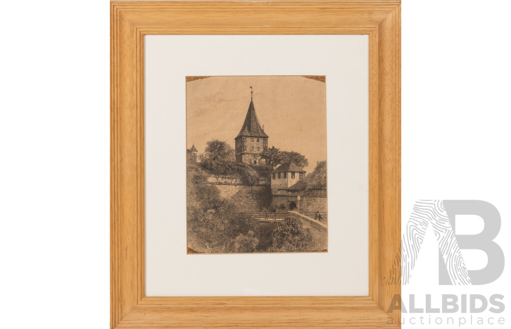 Artists Unknown (Likely Late 19c) Tiergärtnertor Tower, Nuremberg, Little Boy & Fruit, Young Girl Drinking & Lovers Pail, Collection of Four Antique Steel Cut Engraving Prints, 34.5 x 30.5 cm (largest Frame) (4)