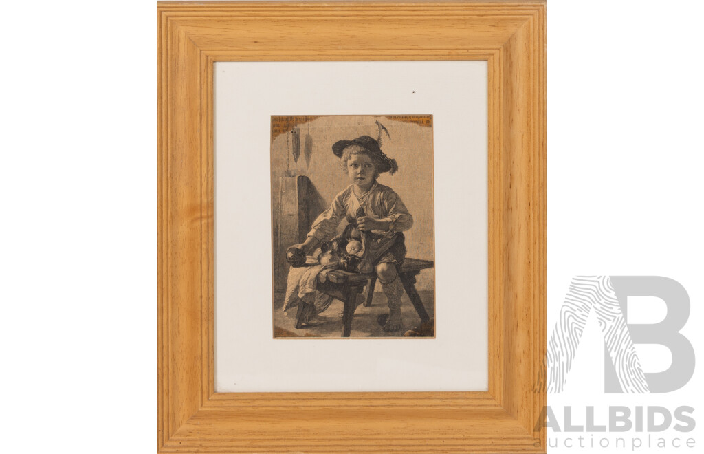 Artists Unknown (Likely Late 19c) Tiergärtnertor Tower, Nuremberg, Little Boy & Fruit, Young Girl Drinking & Lovers Pail, Collection of Four Antique Steel Cut Engraving Prints, 34.5 x 30.5 cm (largest Frame) (4)