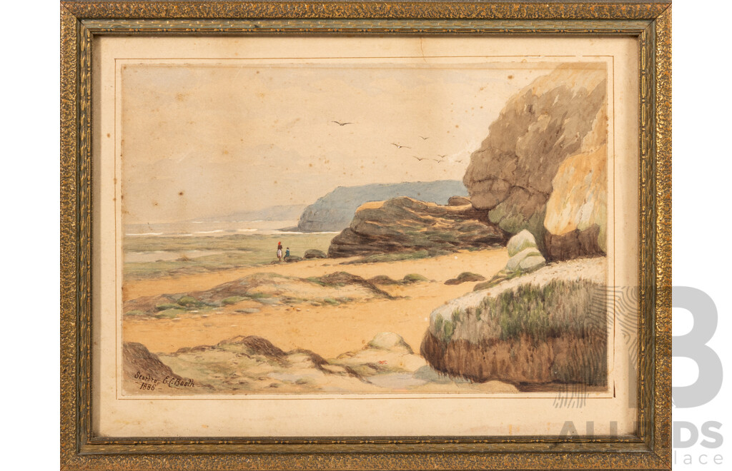 Edward C. Booth, (19th Century, British, 1821-c1985), Seaborough, South Sands (1886), Beautiful Antique Watercolor, 25 x 33 cm (frame)