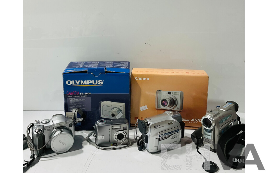 Collection of Digital Cameras Including Olympus FE-5500 Digital Camera and Canon Powershot A510 Both in Original Box and Several Others