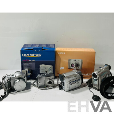 Collection of Digital Cameras Including Olympus FE-5500 Digital Camera and Canon Powershot A510 Both in Original Box and Several Others