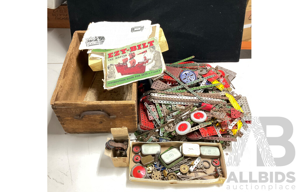 Bulk Lot of Ezy-Build Parts and Construction Books, Including Electric Motor, Wheels, Pulleys and More