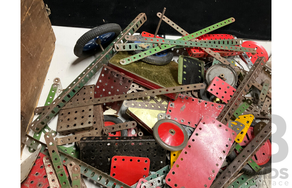 Bulk Lot of Ezy-Build Parts and Construction Books, Including Electric Motor, Wheels, Pulleys and More