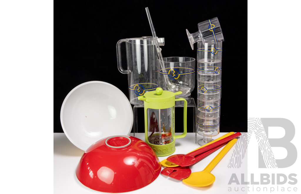 Good Collection Funky Melamine and Plastic Pieces Including Seven Piece Guzzini Anchor Themed Drinks Set, Bodum Coffee Maker in Original Box, Mepal Rosti Bowls and Servers