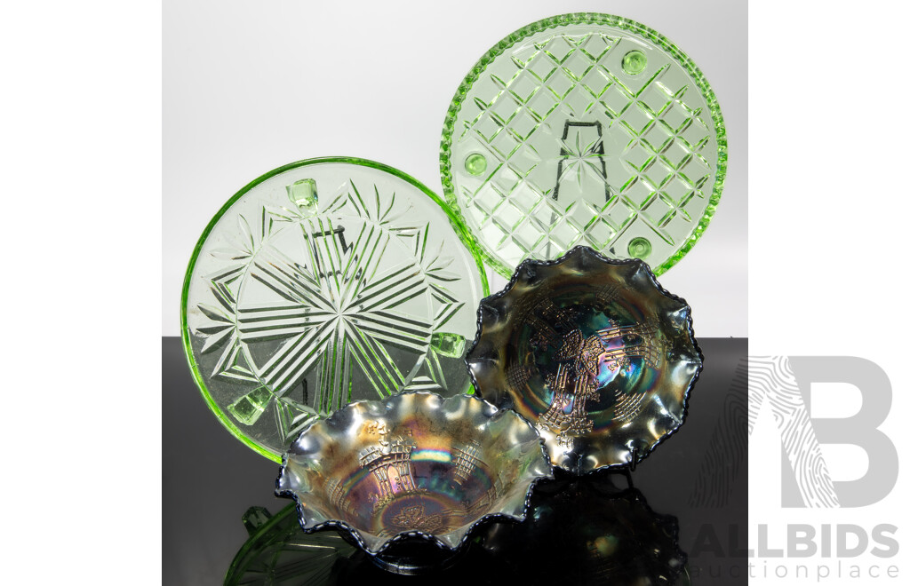 Pair Vintage Carnival Glass Bowls with Fluted Rims Along with Two Cut Green Depression Glass Platters