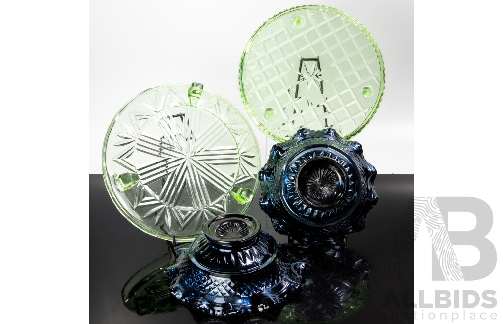 Pair Vintage Carnival Glass Bowls with Fluted Rims Along with Two Cut Green Depression Glass Platters