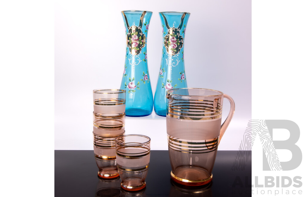Vintage Glass Lemonade Pitcher with Four Matching Tumblers Along with Pair Continental Blue Glass Vases with Hand Painted Detail