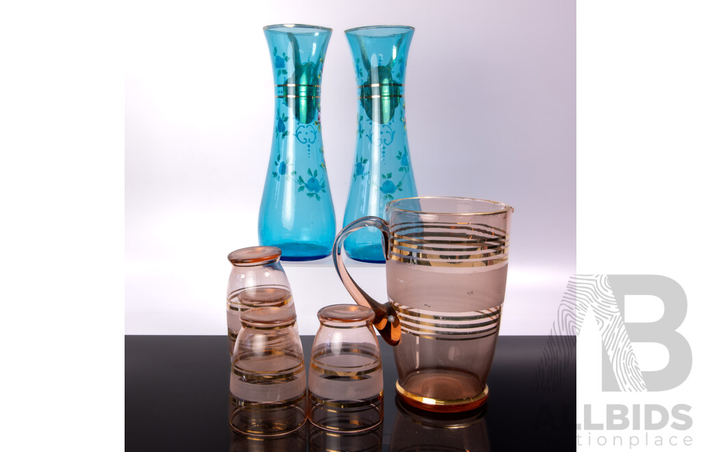 Vintage Glass Lemonade Pitcher with Four Matching Tumblers Along with Pair Continental Blue Glass Vases with Hand Painted Detail