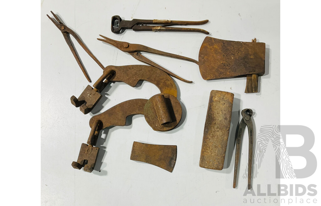 Collection of Vintage Tools Including Axe Heads, Nippers and More