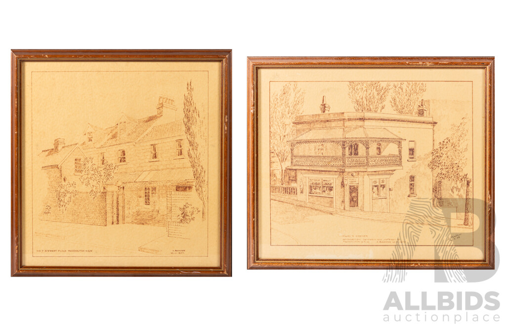 A.Bakker (20th Century, Active 1970s), No 7 Stewart Place & Mary's Corner, Intersection Campbell Ave & Hopewell St, (Both) Paddington, NSW, Pair of Original Ink Drawings, 36 x 42 cm (largest frame) (2)