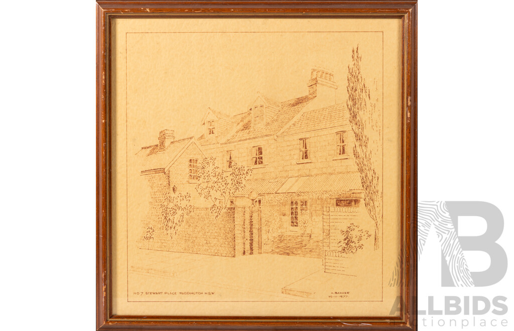 A.Bakker (20th Century, Active 1970s), No 7 Stewart Place & Mary's Corner, Intersection Campbell Ave & Hopewell St, (Both) Paddington, NSW, Pair of Original Ink Drawings, 36 x 42 cm (largest frame) (2)