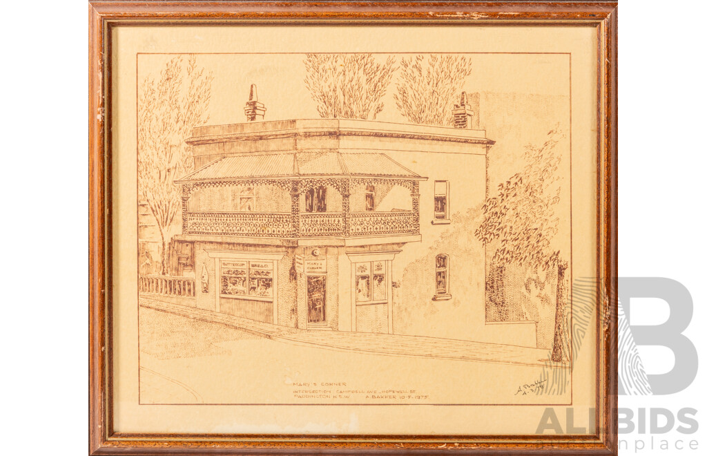 A.Bakker (20th Century, Active 1970s), No 7 Stewart Place & Mary's Corner, Intersection Campbell Ave & Hopewell St, (Both) Paddington, NSW, Pair of Original Ink Drawings, 36 x 42 cm (largest frame) (2)