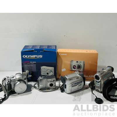 Collection of Digital Cameras Including Olympus FE-5500 Digital Camera and Canon Powershot A510 Both in Original Box and Several Others