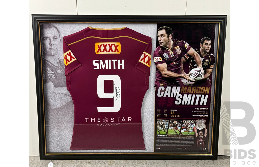 Cameron Smith Signed Framed Queensland Maroons Jersey with Queensland Squad Signed Jersey