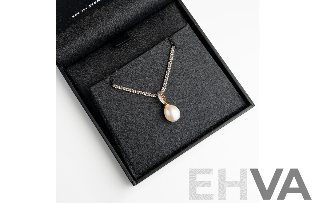 NEW - 9ct Cultured Pearl & Diamond Pendant (TDW0.03ct) on Sterling Silver Fancy Link Chain, 40cm, (9K)1.55/(925)5.48 Grams