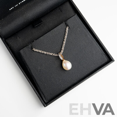 NEW - 9ct Cultured Pearl & Diamond Pendant (TDW0.03ct) on Sterling Silver Fancy Link Chain, 40cm, (9K)1.55/(925)5.48 Grams