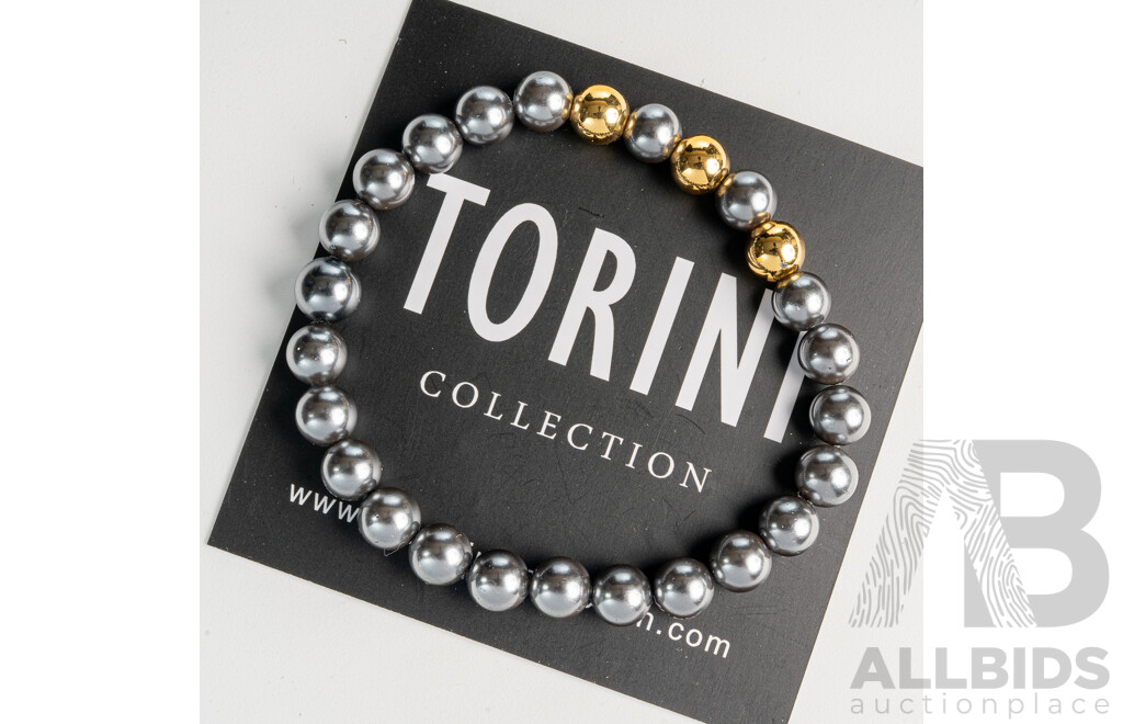 NEW - Torini Grey & Yellow Gold Tone Stretch Ball Bracelet, Made in Italy, 7mm, 925, with Packaging