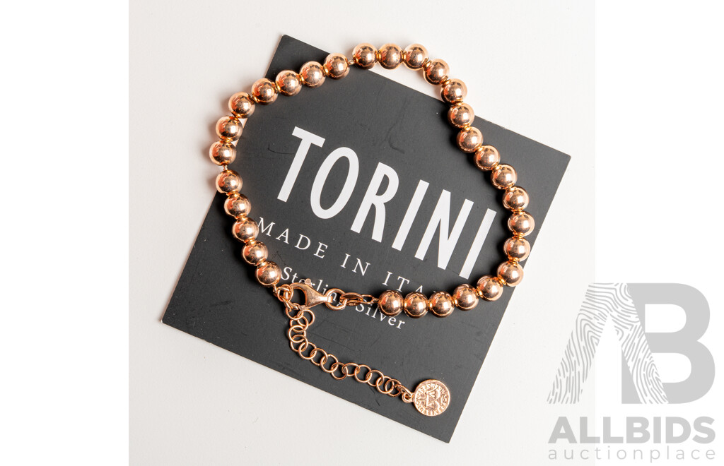 NEW - Torini Sterling Silver Rose Gold Tone Ball Bracelet, Made in Italy, 20+6cm with Extender Chain, 6.39 Grams