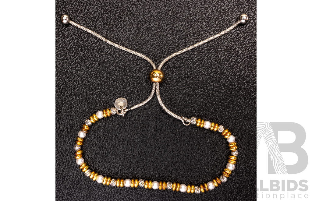 NEW - Torini Sterling Silver Gold Tone & Cultured Pearl Beaded Bracelet, Made in Italy, with Adjustable Toggle to Fit Most Wrist, 5.45 Grams