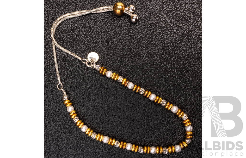 NEW - Torini Sterling Silver Gold Tone & Cultured Pearl Beaded Bracelet, Made in Italy, with Adjustable Toggle to Fit Most Wrist, 5.45 Grams