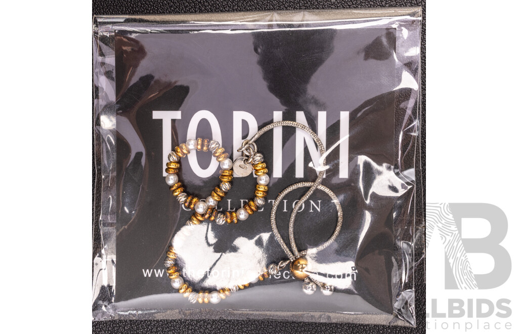 NEW - Torini Sterling Silver Gold Tone & Cultured Pearl Beaded Bracelet, Made in Italy, with Adjustable Toggle to Fit Most Wrist, 5.45 Grams