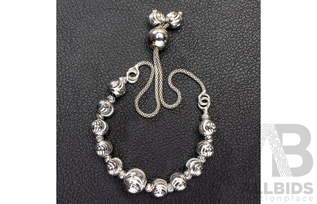 NEW - Torini Sterling Silver Patterned Ball Bracelet, Made in Italy, with Toggle Slider Clasp to Fit Most Wrists, 6.56 Grams