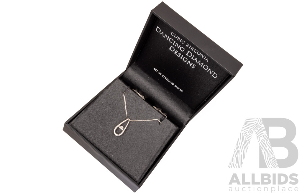 NEW - Dancing Diamond Designs Sterling Silver Cubic Zirconia Drop Shaped Pendant on Chain, 40+5cm, 2.87 Grams